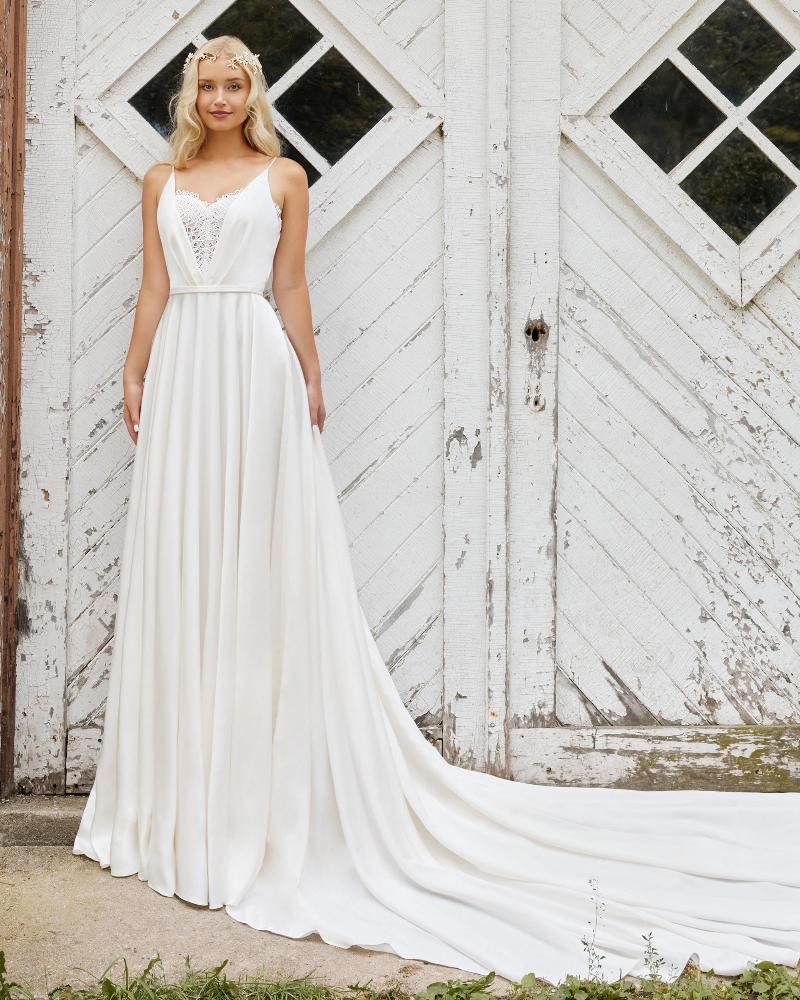 Lp2206 a line spaghetti strap wedding dress with pockets and long train4